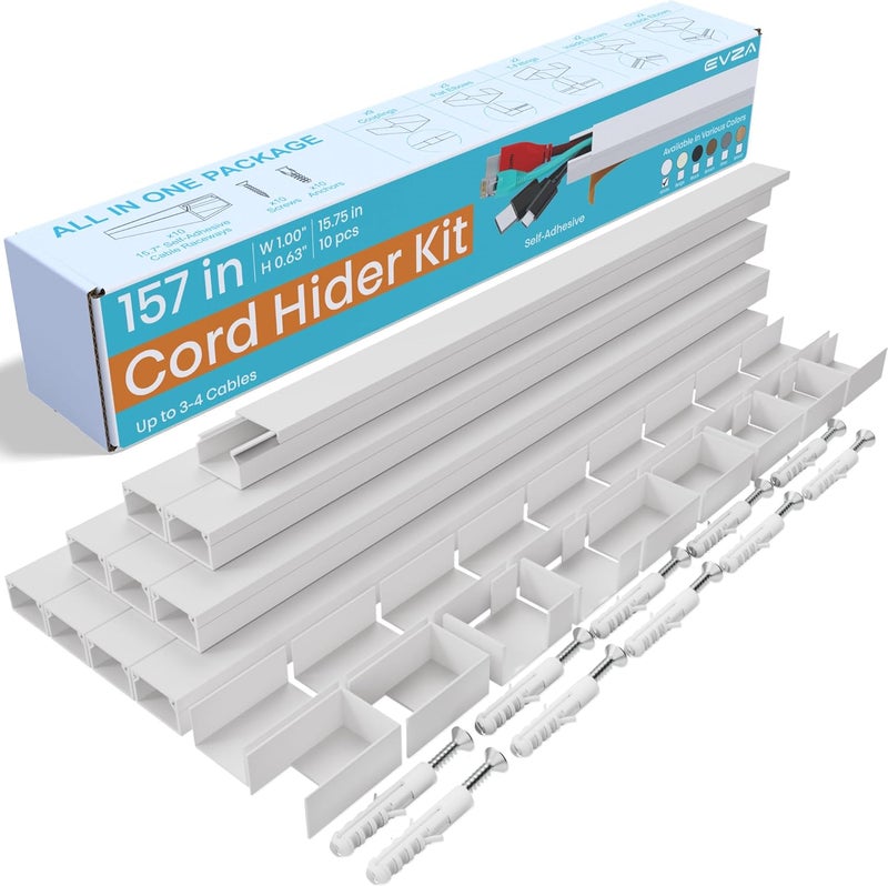 EZA Cord Hider, Wire Cover, Cord Covers Wall Mounted TV, Cable Hider, 157 in Paintable White Raceway Kit, Electrical Cords Concealer, Cable Management, Hide Cords Wall, Wire Molding, Adhesive Channel - Image 1